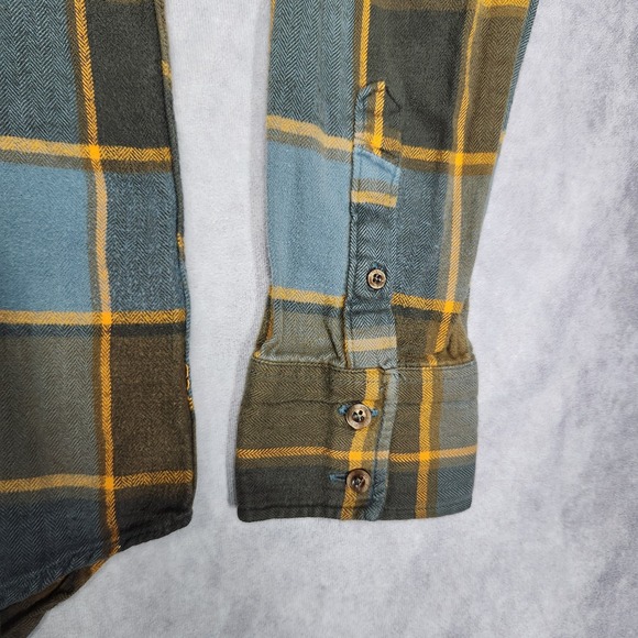 Fox Plaid Long Sleeve Flannel Shirt Mens Size L Blue Brown Gold - Picture 11 of 16